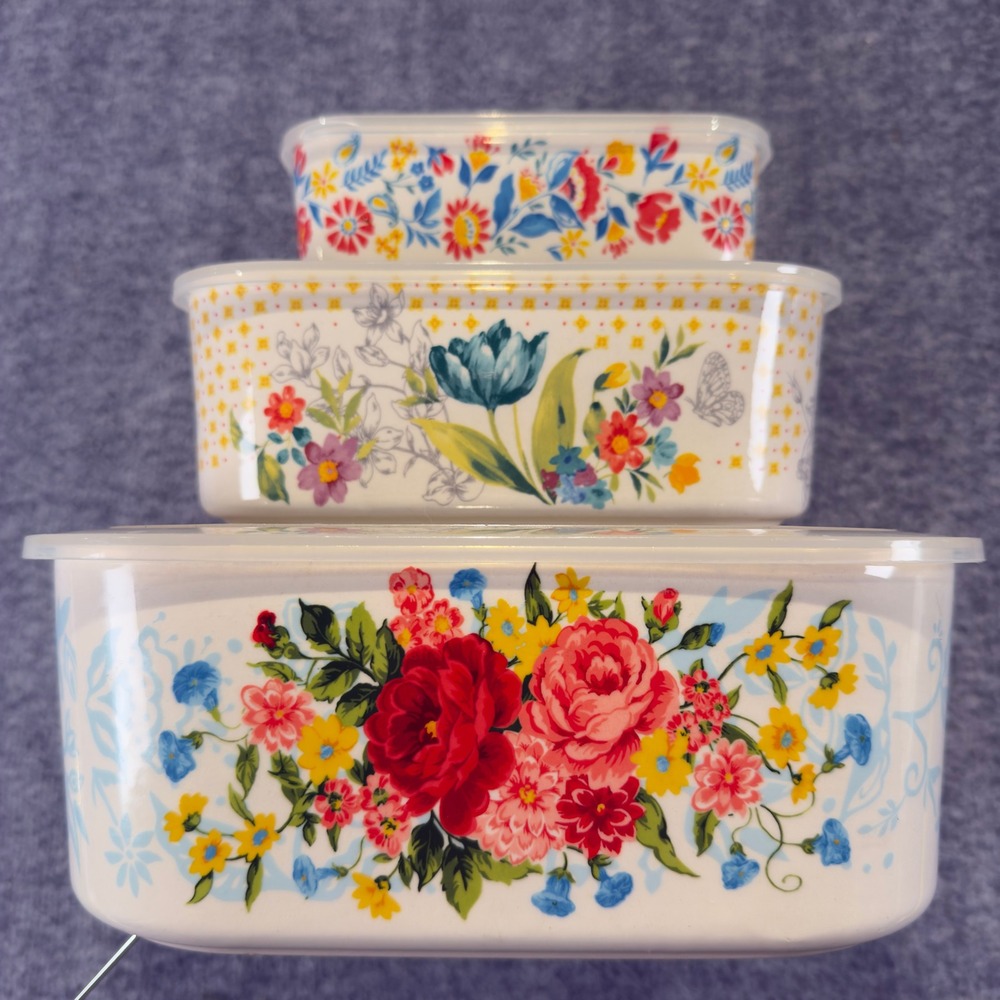 Pioneer Woman Floral Stoneware Food Storage Containers Set of 3 with Vented Lids